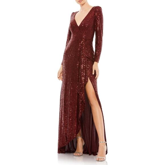 Ieena for Mac Duggal Asymmetrical High Low Long Sleeve Sequin Dress Gown in Wine